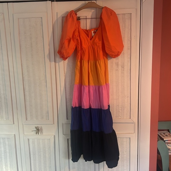 NWOT Anthropologie Farm Rio Puff Sleeve Ruffle Tiered Colorblock Maxi Dress XS - Picture 6 of 10